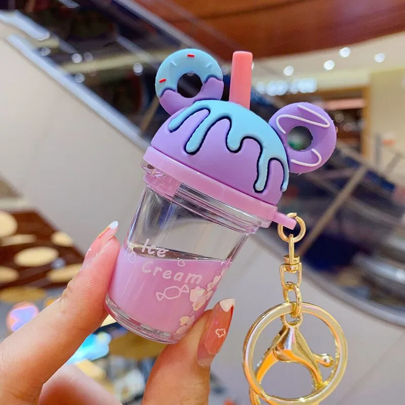 New Cartoon Cute Cat Car Keychain Creative Milk Tea Cup Liquid Crystal Quicksand Sequin Key Ring Bag Pendant for Women Bag Key