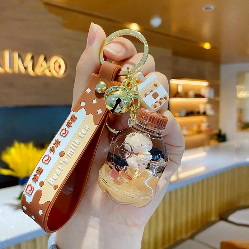 New Cartoon Cute Cat Car Keychain Creative Milk Tea Cup Liquid Crystal Quicksand Sequin Key Ring Bag Pendant for Women Bag Key