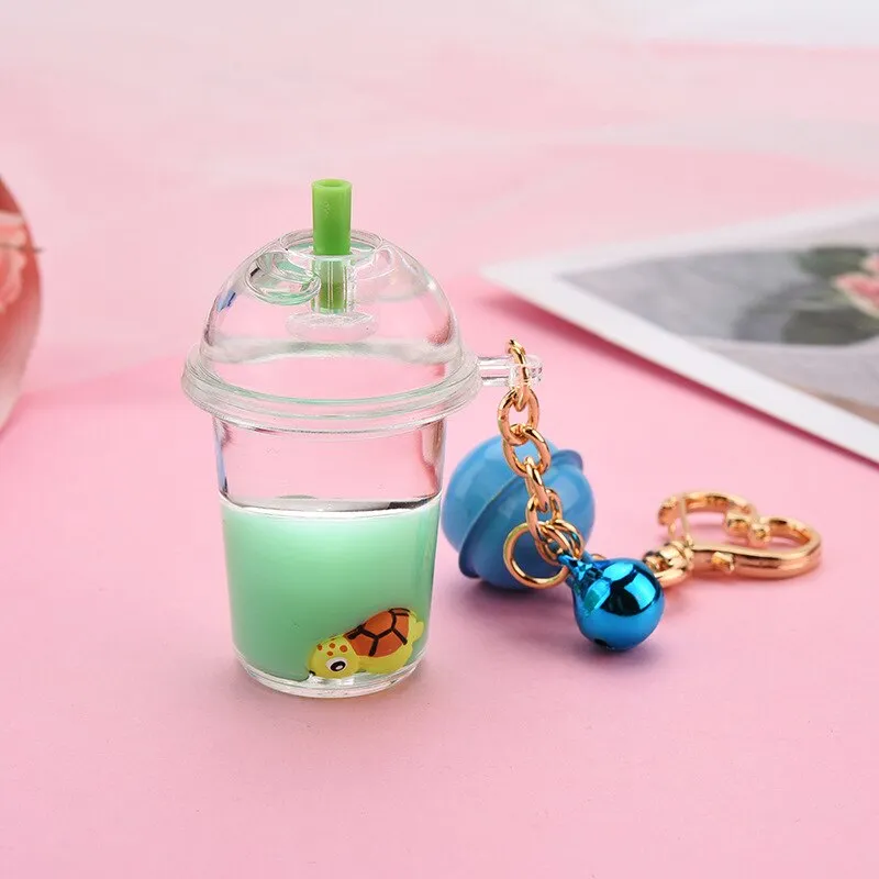 New Cartoon Cute Cat Car Keychain Creative Milk Tea Cup Liquid Crystal Quicksand Sequin Key Ring Bag Pendant for Women Bag Key