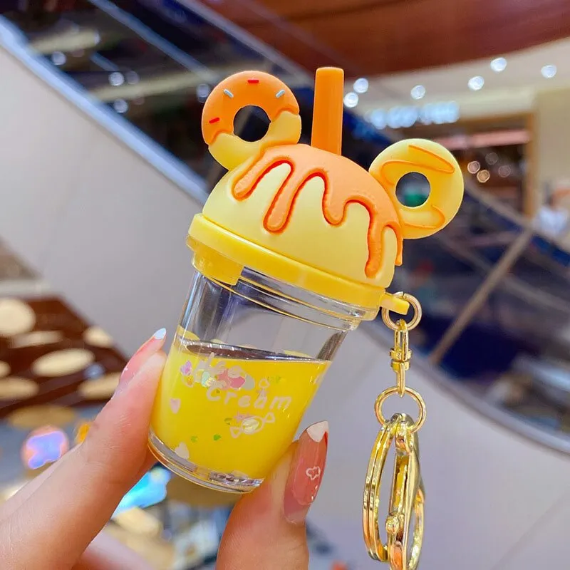New Cartoon Cute Cat Car Keychain Creative Milk Tea Cup Liquid Crystal Quicksand Sequin Key Ring Bag Pendant for Women Bag Key