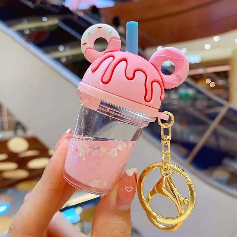New Cartoon Cute Cat Car Keychain Creative Milk Tea Cup Liquid Crystal Quicksand Sequin Key Ring Bag Pendant for Women Bag Key