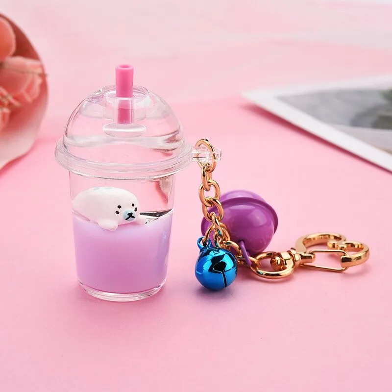 New Cartoon Cute Cat Car Keychain Creative Milk Tea Cup Liquid Crystal Quicksand Sequin Key Ring Bag Pendant for Women Bag Key