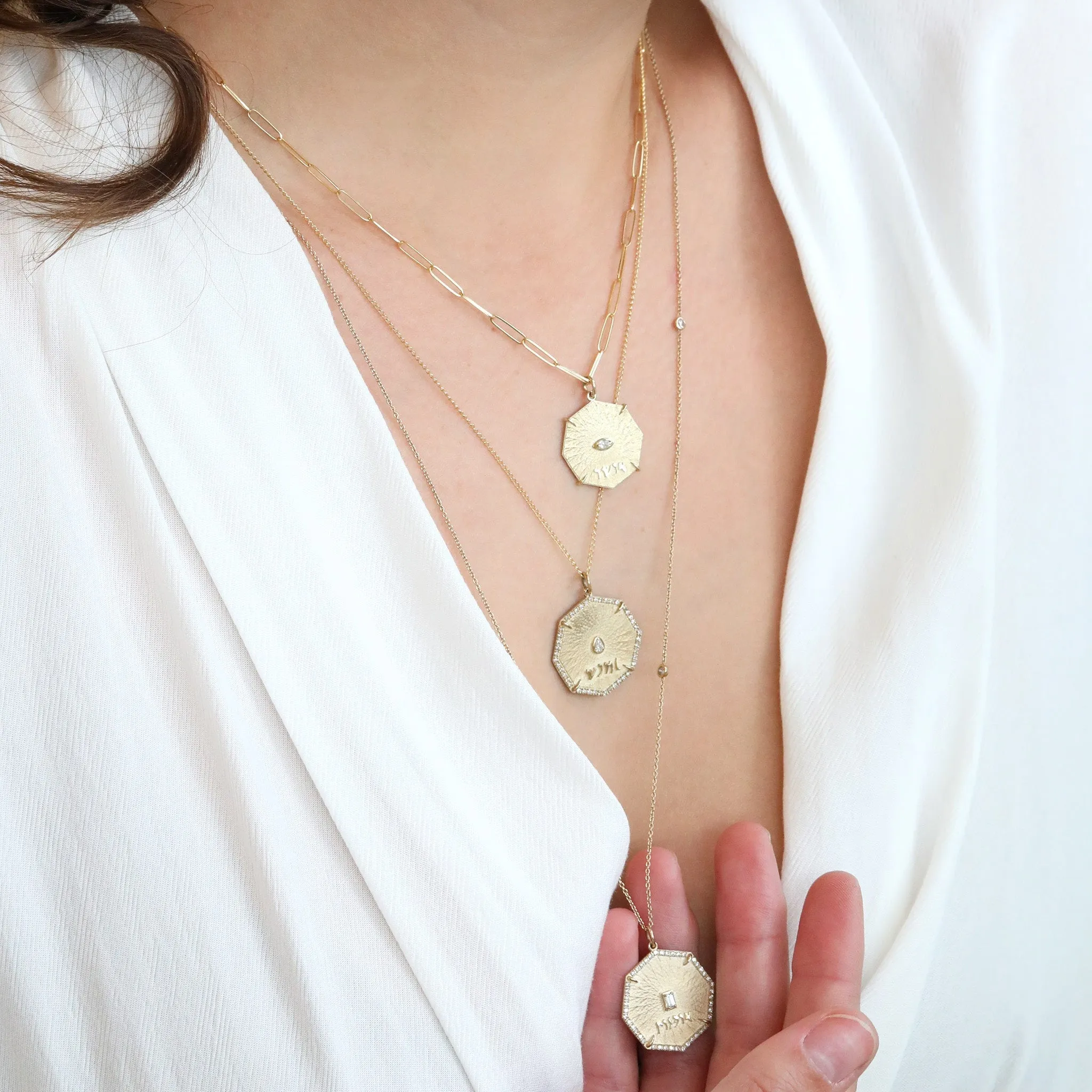 Octagon "Seek" Pendant with Center Pear and Pave Diamond Border
