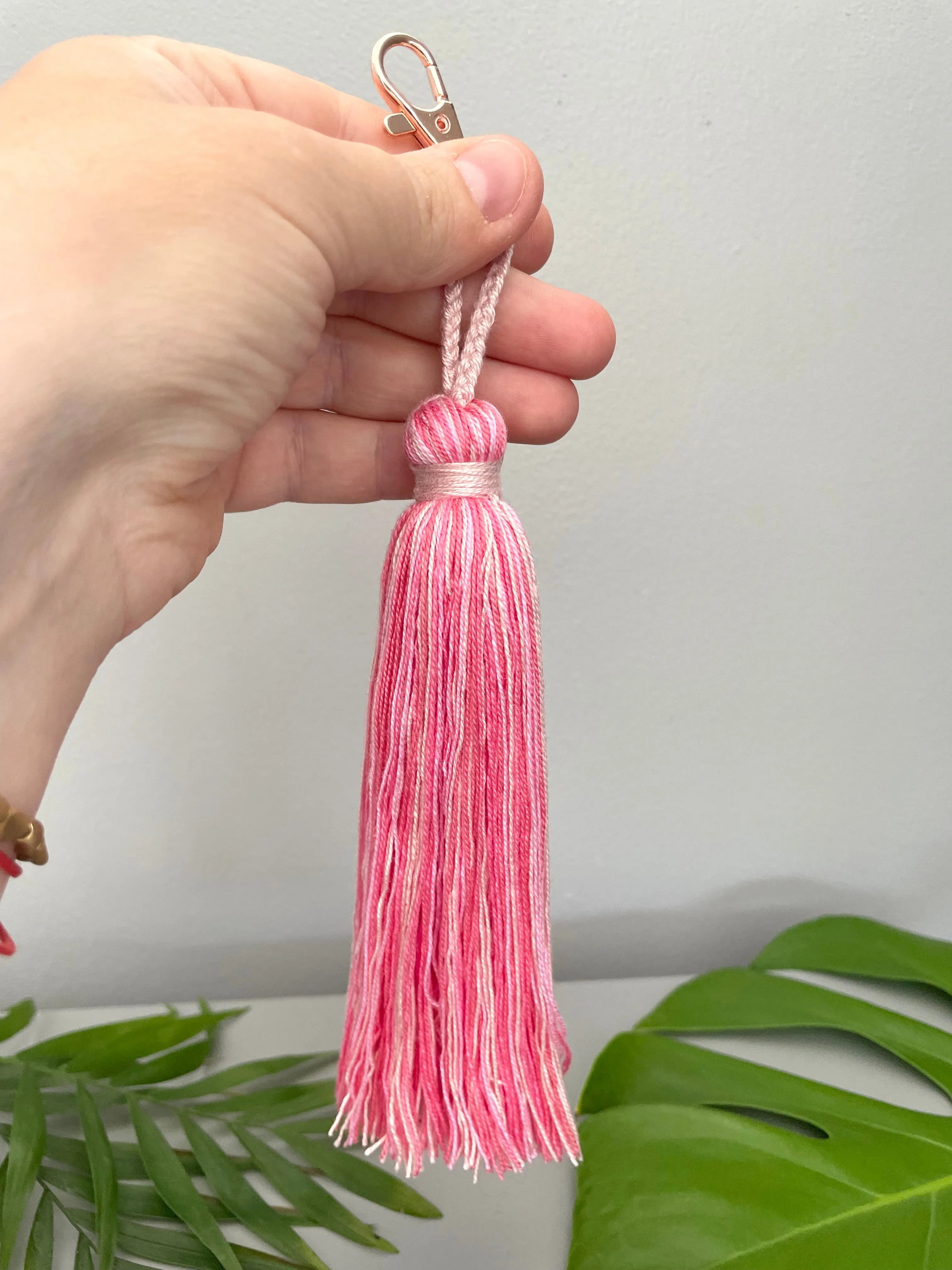 Ombre Pink Large Cotton Tassel Keyring with Rose Gold Lobster Clasp