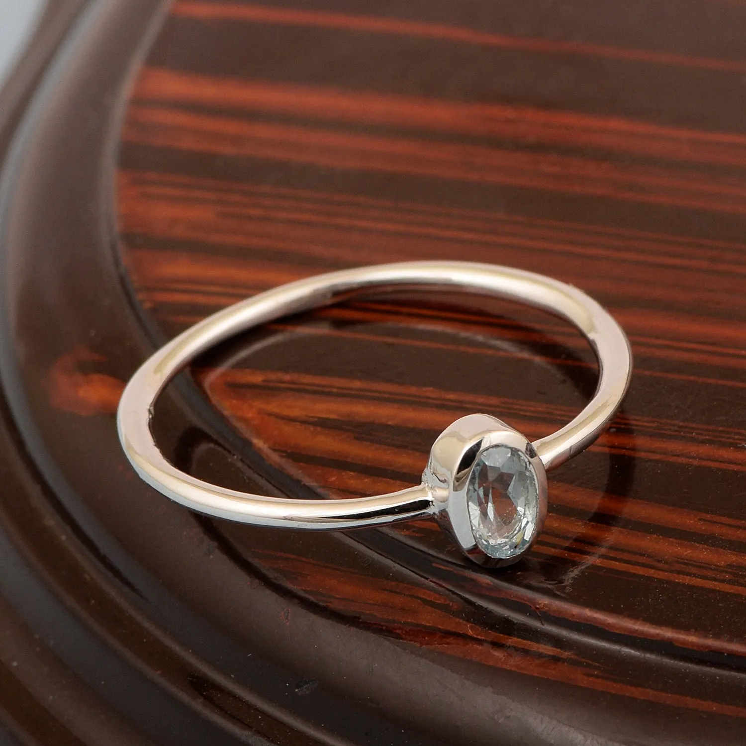 Oval Cut 5X3MM Bezel Set Aquamarine 925 Sterling Silver Women Stacking Ring