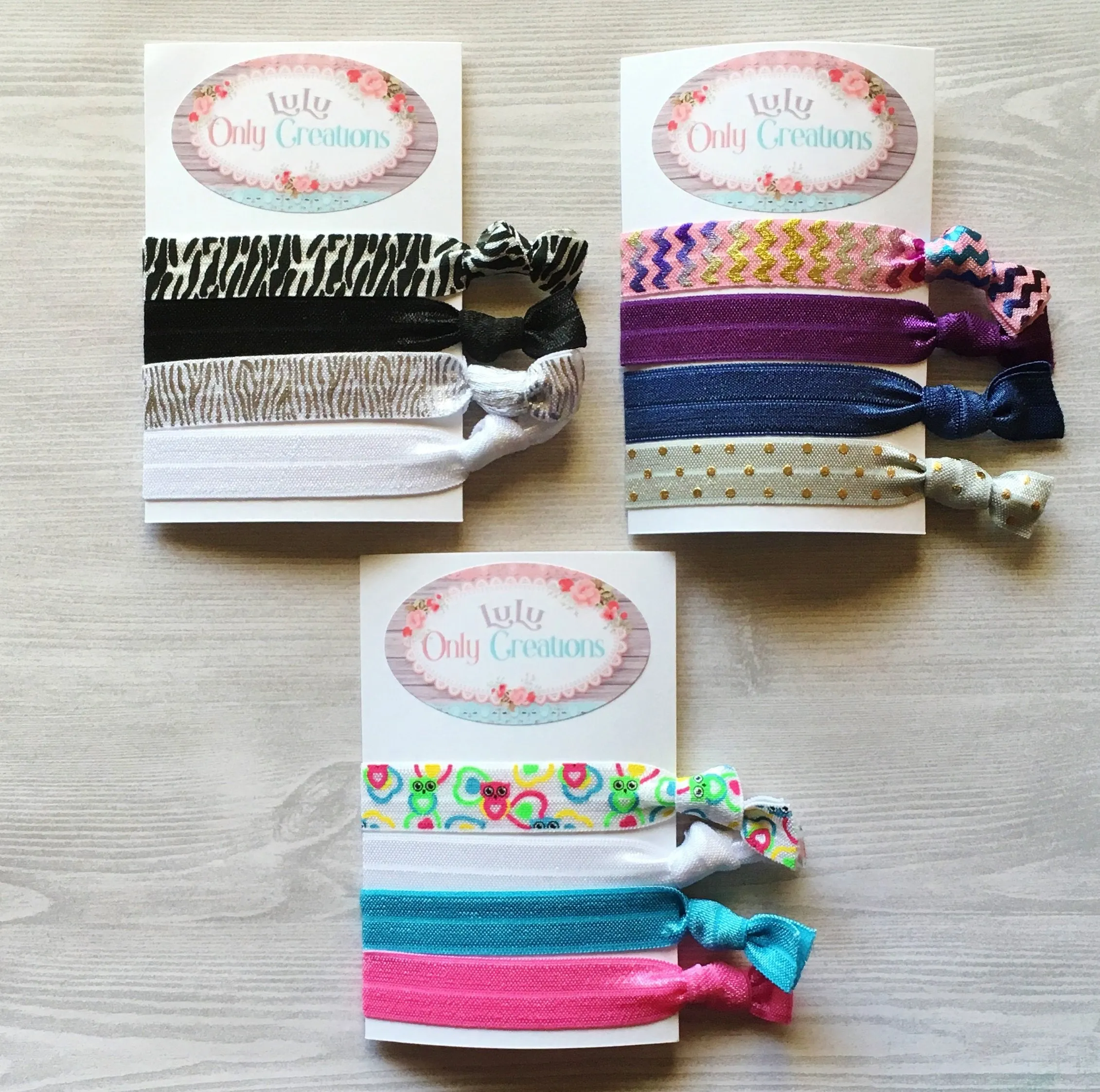 Owls, Denim, Zebra and Rainbow Hair Ties