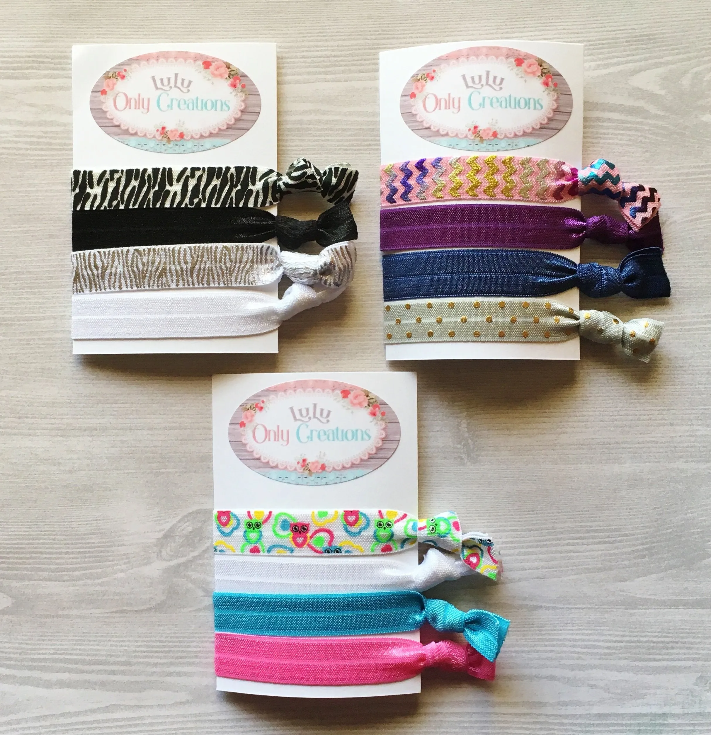 Owls, Denim, Zebra and Rainbow Hair Ties