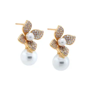 Pave Four Leaf Dangling Flower Pearl Stud Earring