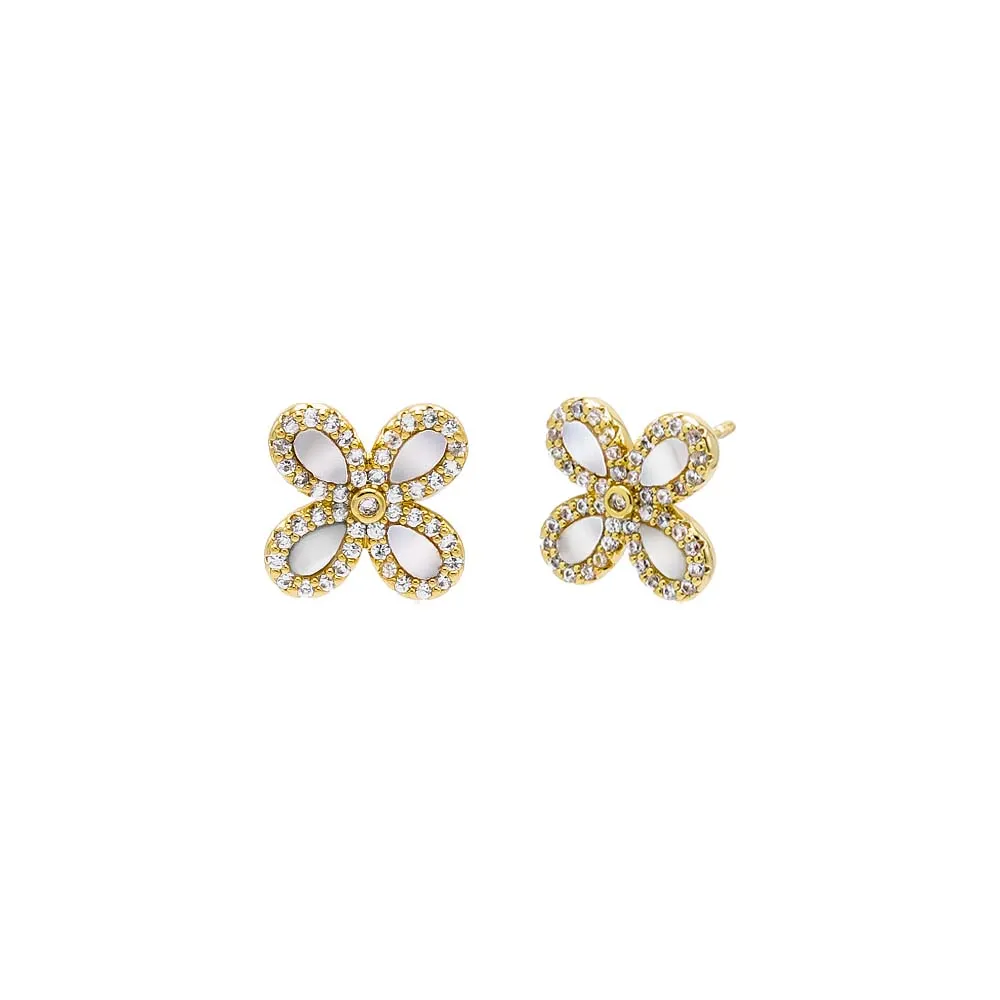 Pave Outline Stone Four Leaf Flower Stud Earring