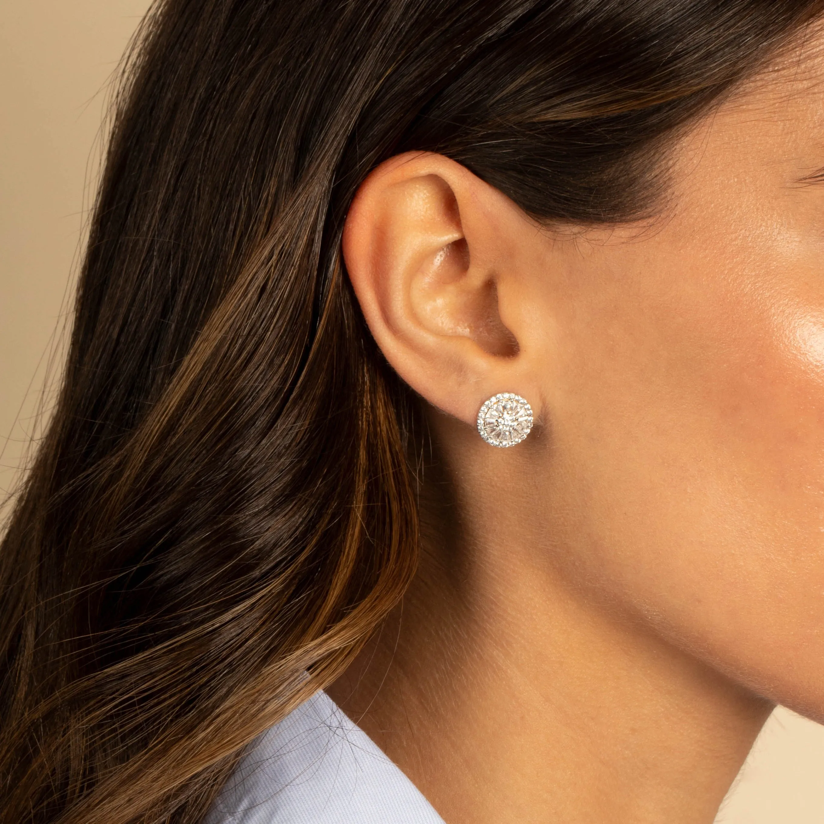 Pave X Baguette Round Stud Earring