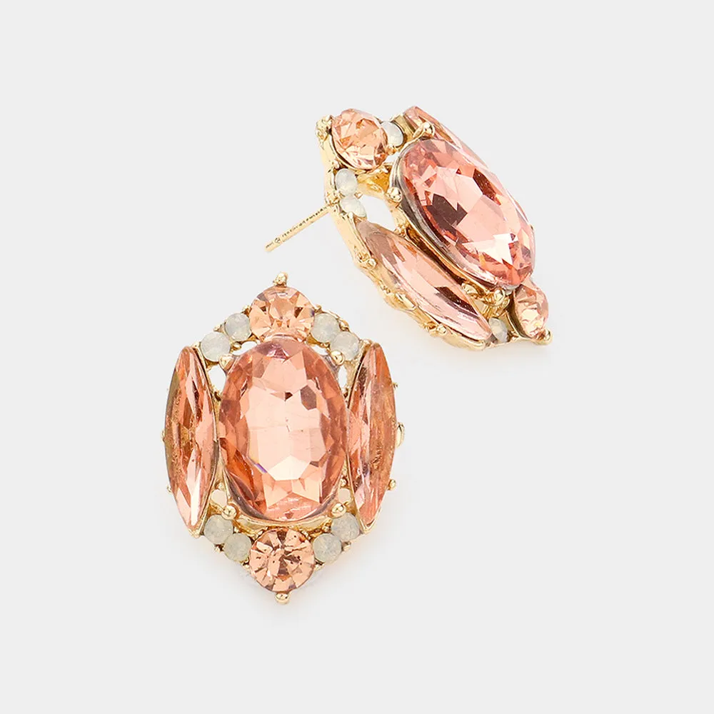 Peach Multi Stone Shape Pageant Stud Earrings on Gold | Interview Earrings  |  442540