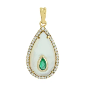 Pear Cut MOP Drop Emerald Pave Diamond Pendant In 18k Yellow Gold