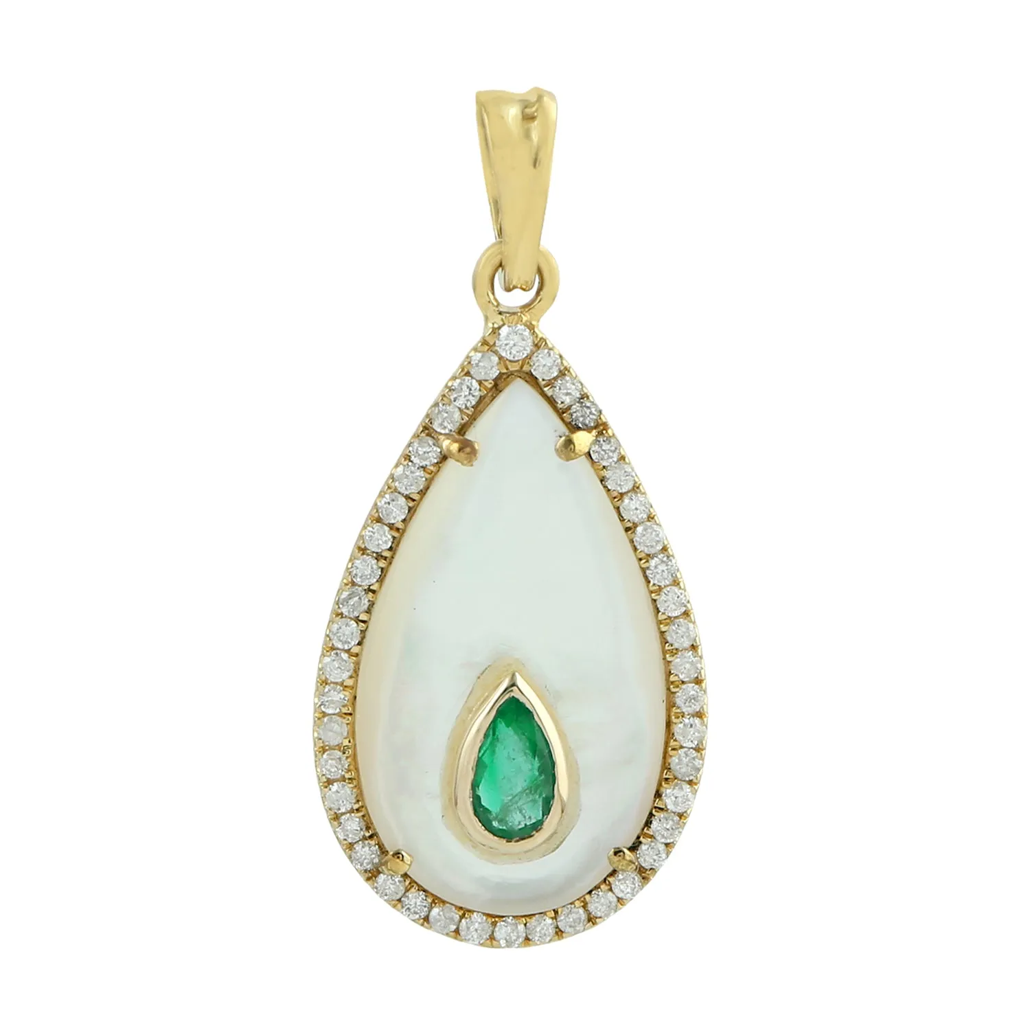 Pear Cut MOP Drop Emerald Pave Diamond Pendant In 18k Yellow Gold