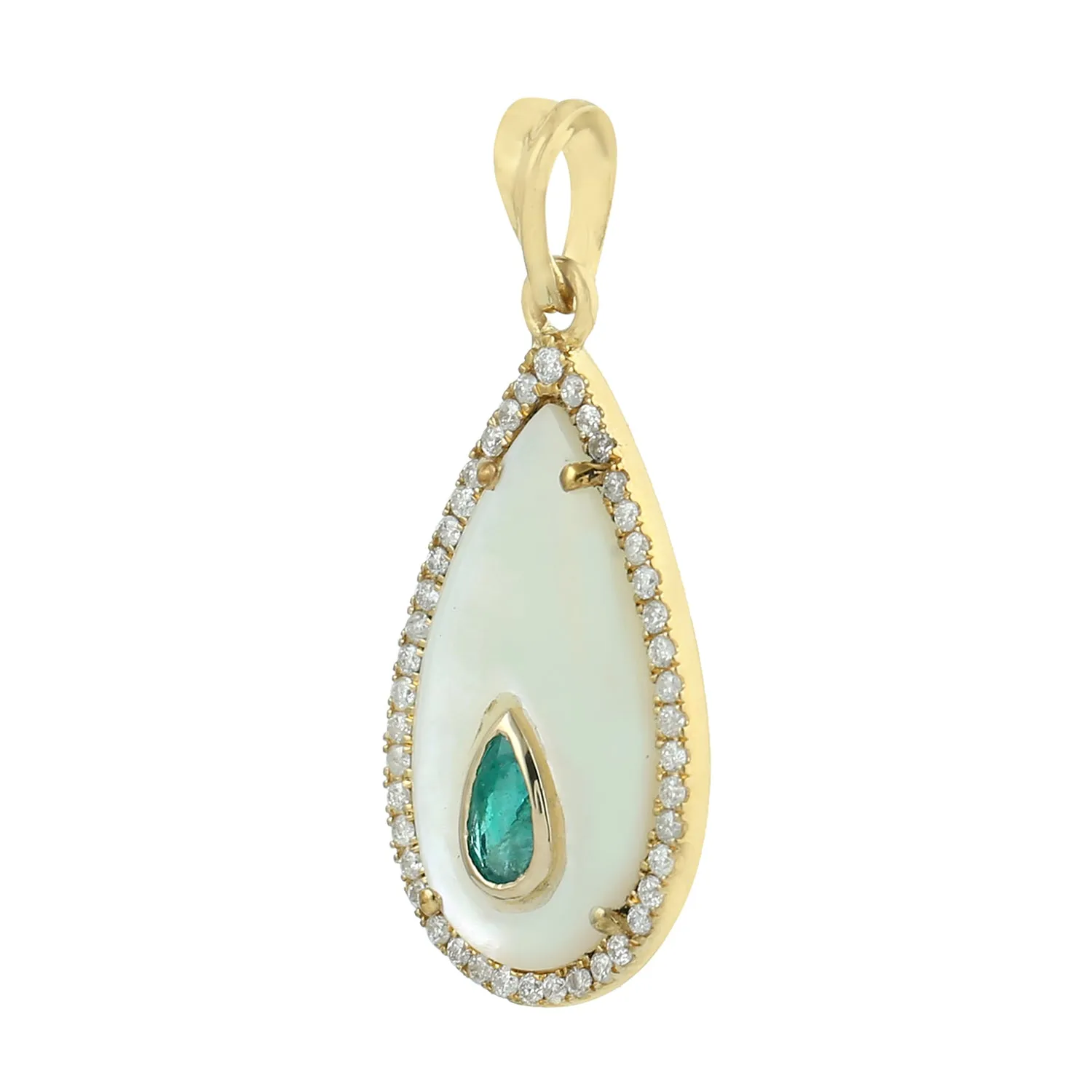 Pear Cut MOP Drop Emerald Pave Diamond Pendant In 18k Yellow Gold