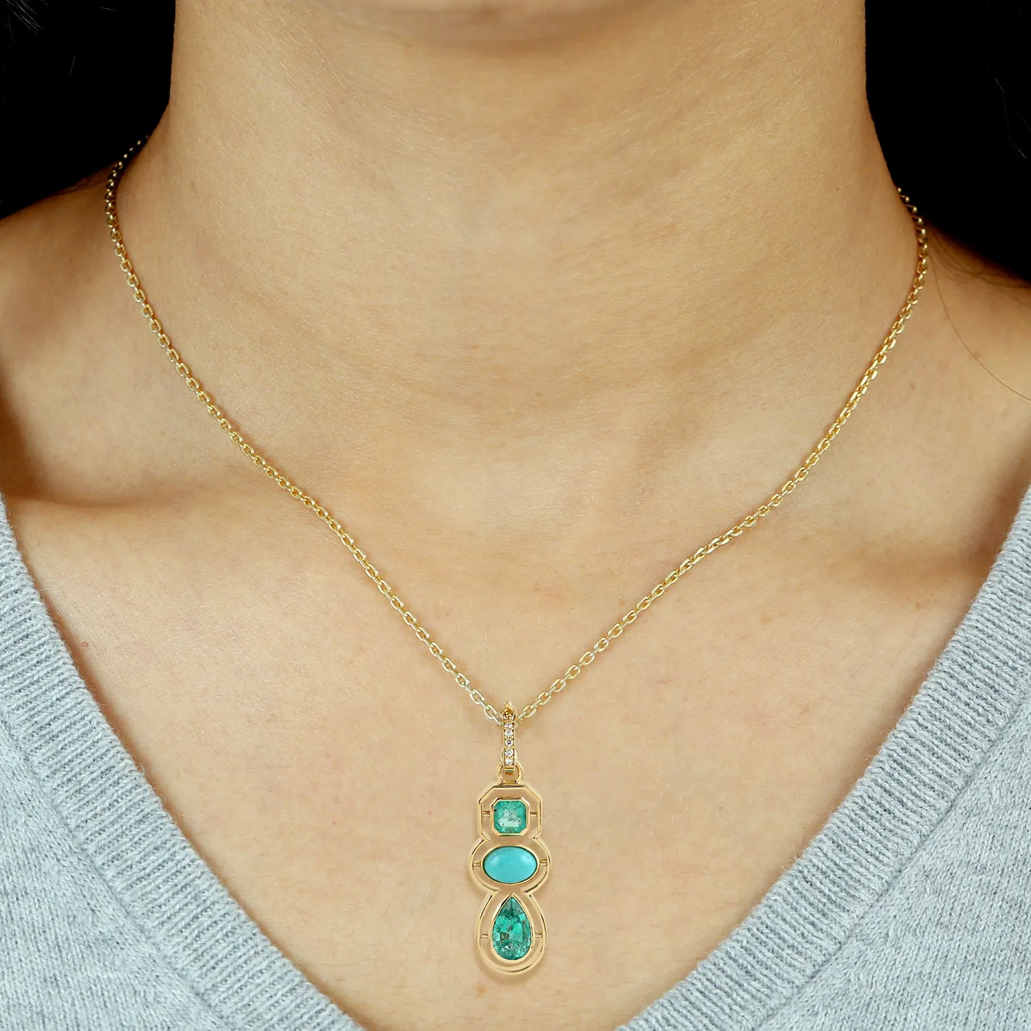 Pear Octagon Emerald Oval Turquoise Pave Diamond Designer Pendant In Yellow Gold