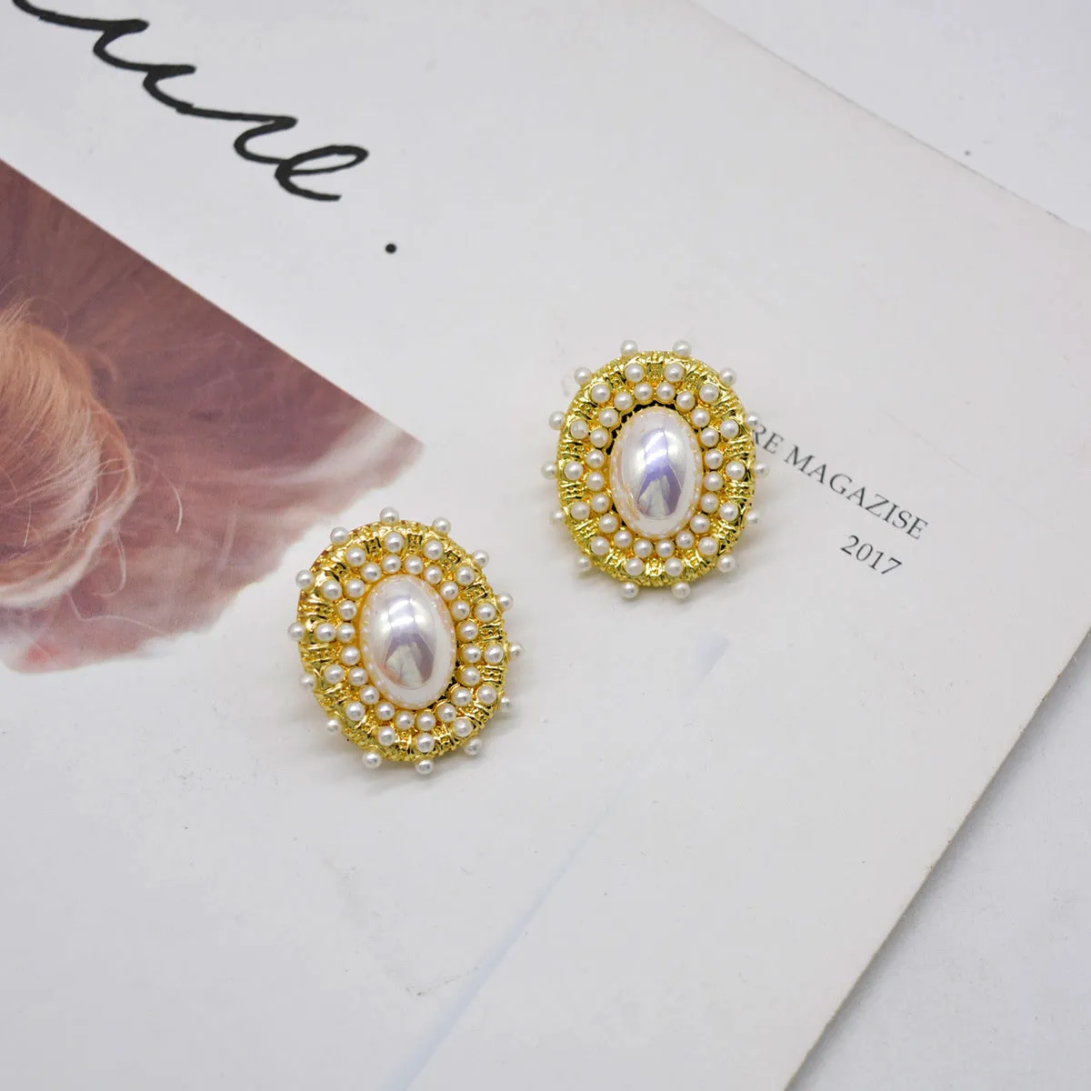 Pearl & 18K Gold-Plated Halo Oval Stud Earrings