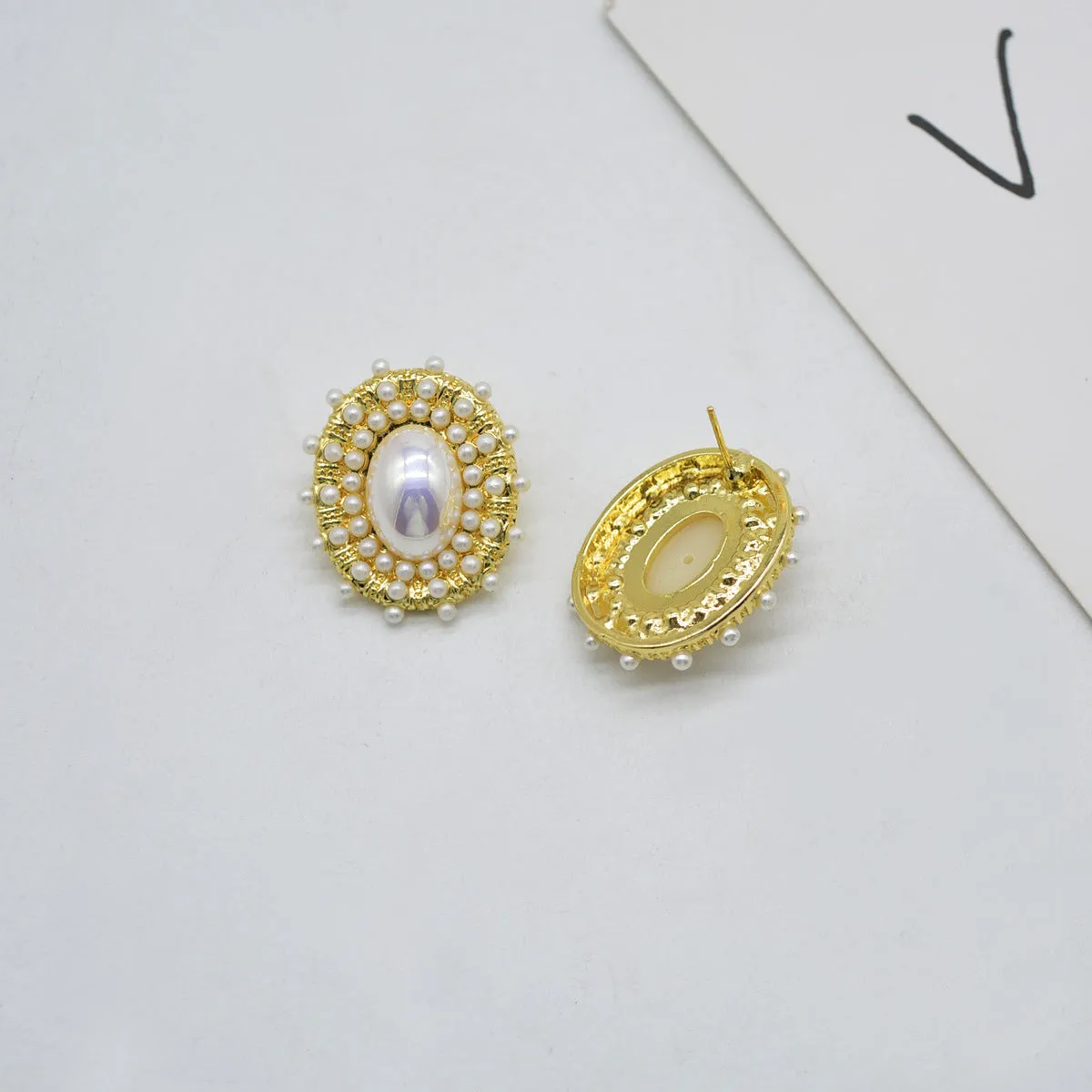 Pearl & 18K Gold-Plated Halo Oval Stud Earrings