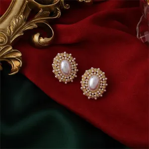 Pearl & 18K Gold-Plated Halo Oval Stud Earrings