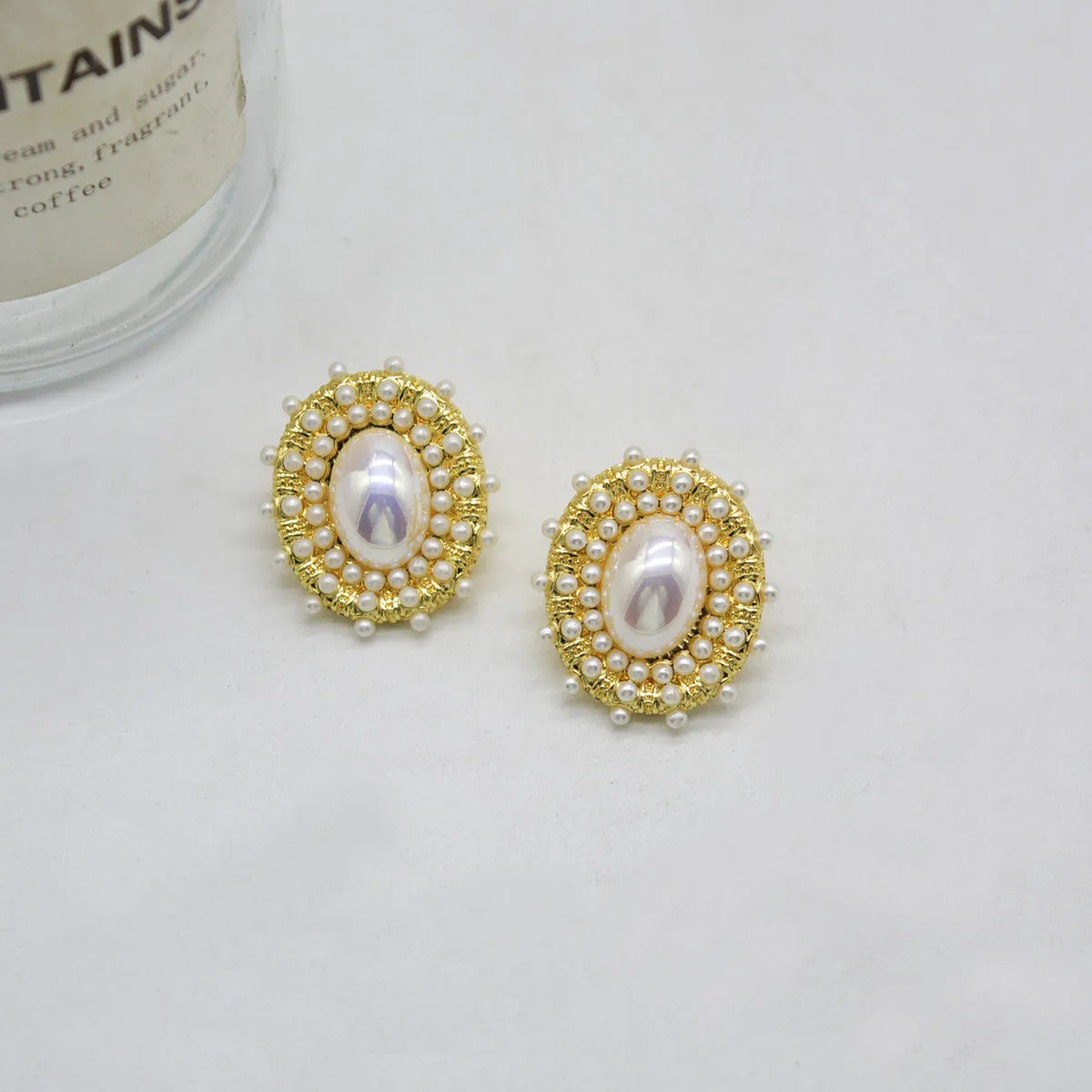 Pearl & 18K Gold-Plated Halo Oval Stud Earrings