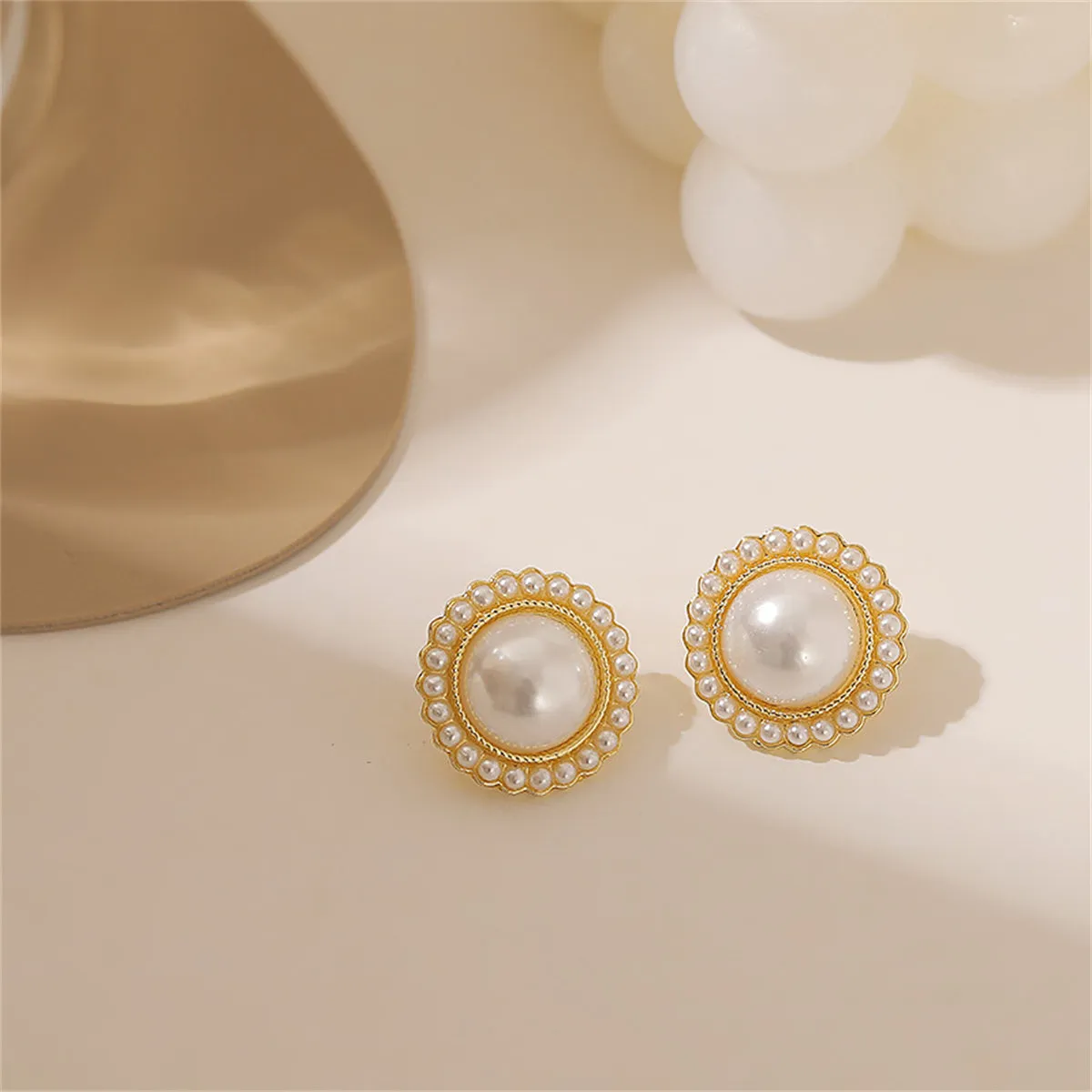 Pearl & 18K Gold-Plated Halo Round Stud Earrings