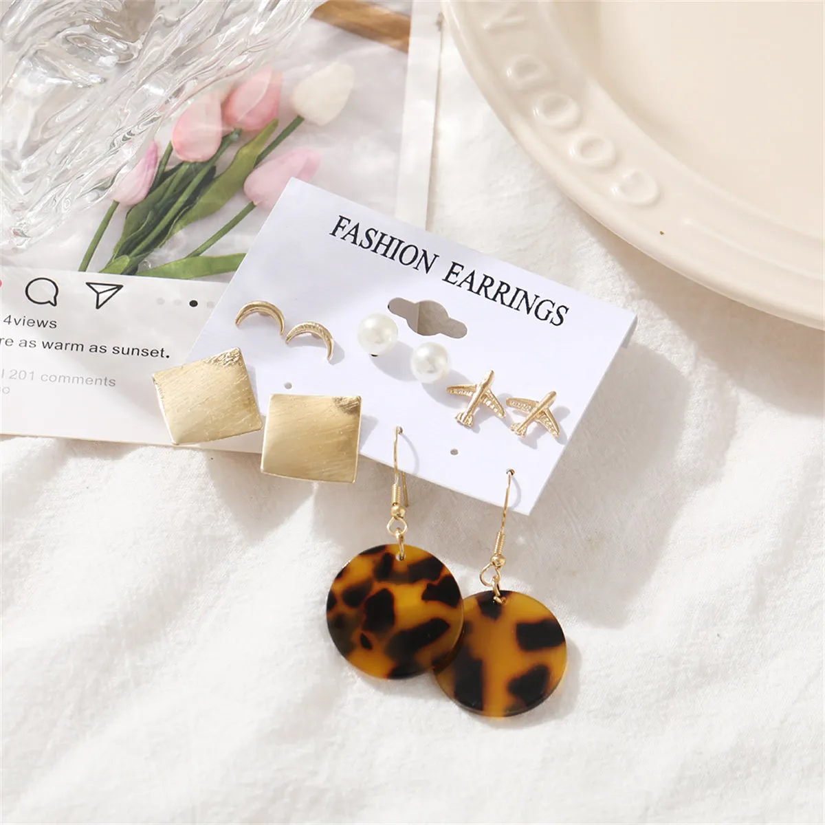 Pearl & Acrylic 18K Gold-Plated Tortoiseshell Drop Earrings Set