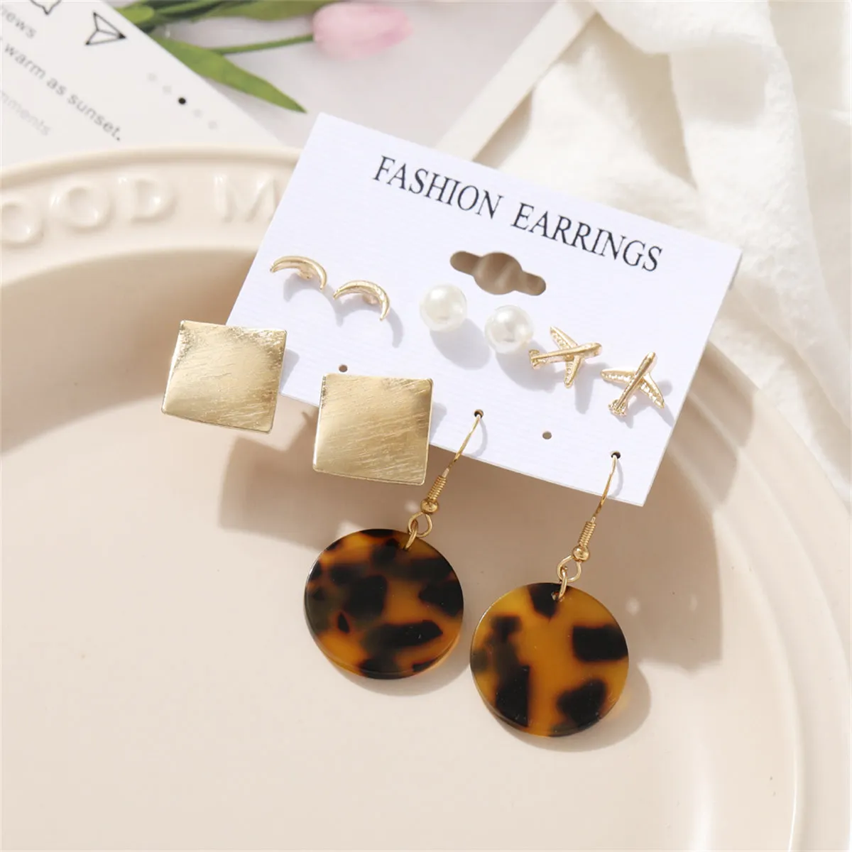 Pearl & Acrylic 18K Gold-Plated Tortoiseshell Drop Earrings Set