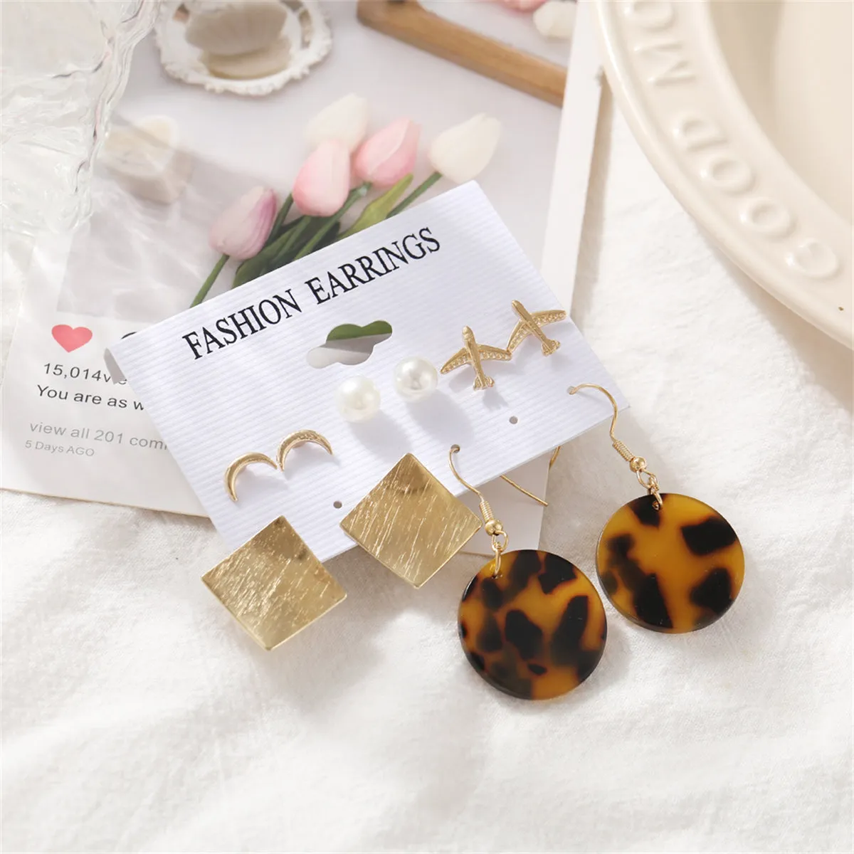 Pearl & Acrylic 18K Gold-Plated Tortoiseshell Drop Earrings Set