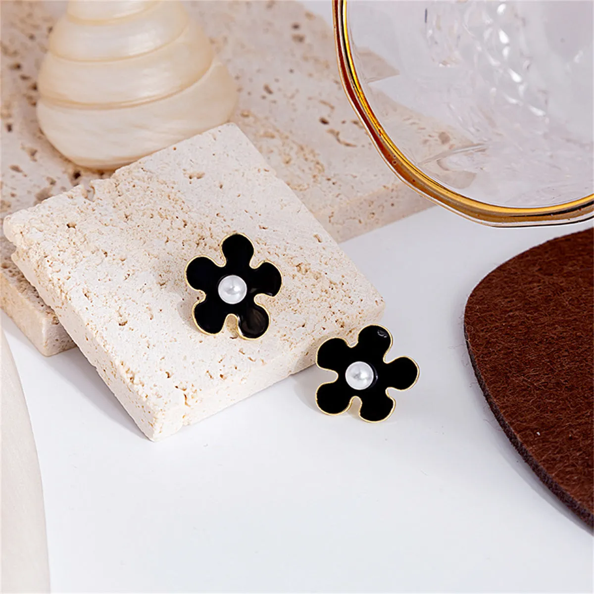 Pearl & Black Enamel 18K Gold-Plated Flower Stud Earrings