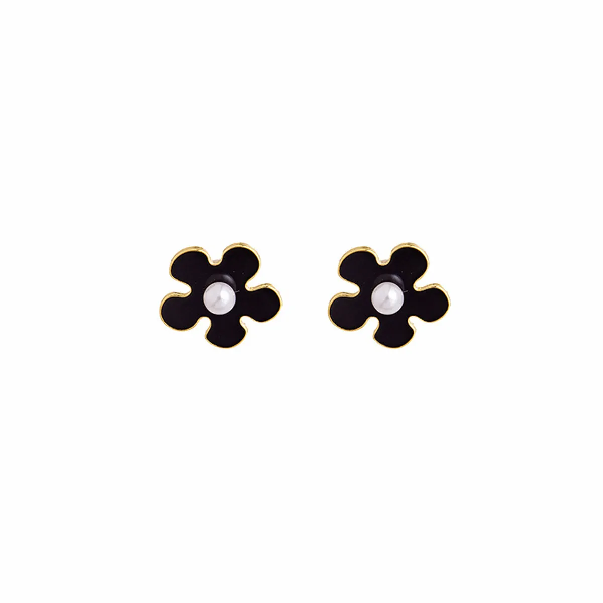 Pearl & Black Enamel 18K Gold-Plated Flower Stud Earrings