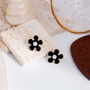 Pearl & Black Enamel 18K Gold-Plated Flower Stud Earrings