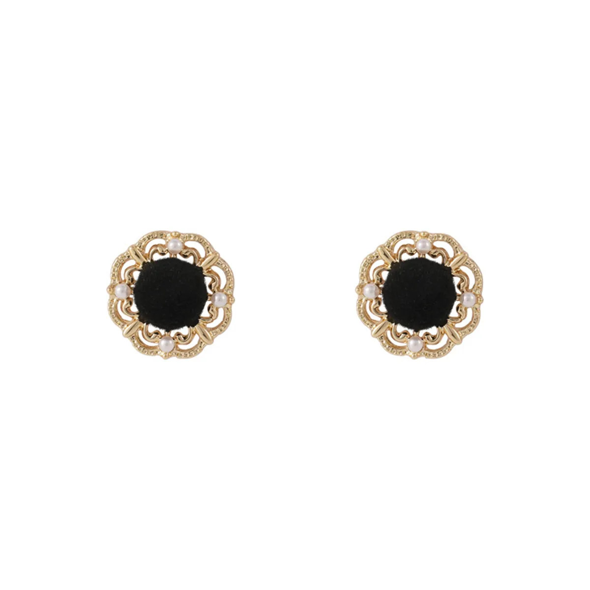 Pearl & Black Flocking 18K Gold-Plated Floral Stud Earrings