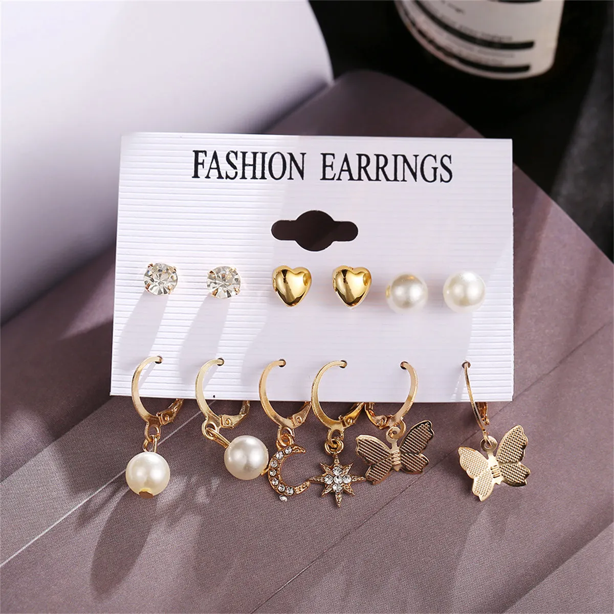 Pearl & Cubic Zirconia 18K Gold-Plated Celestial Butterfly Earrings Set