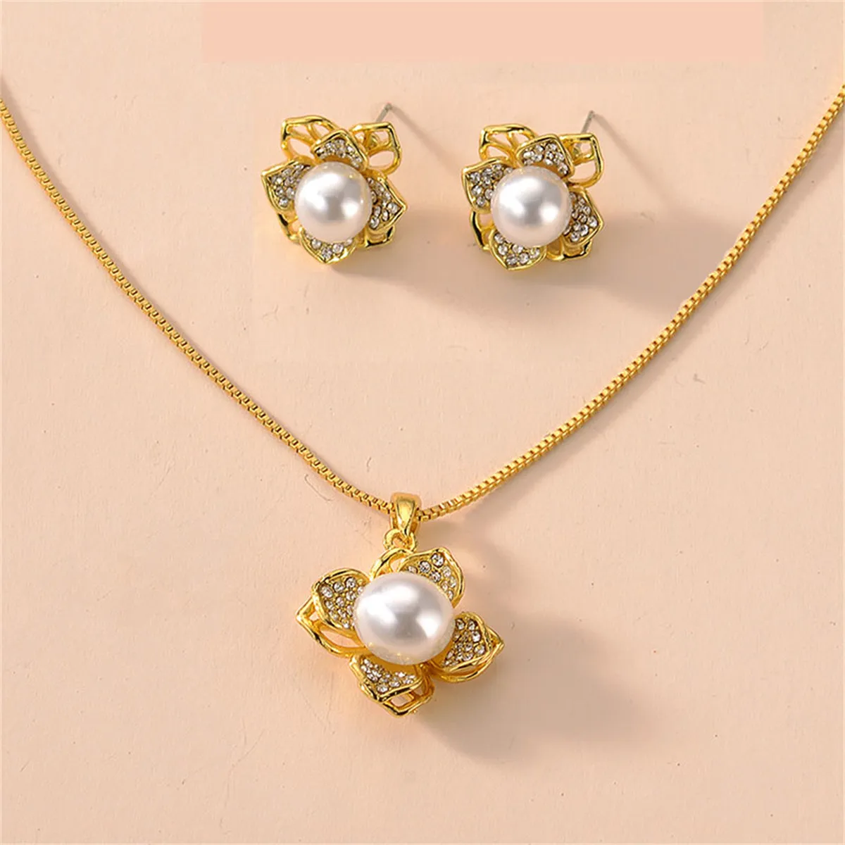 Pearl & Cubic Zirconia 18K Gold-Plated Flower Pendant Necklace & Earrings
