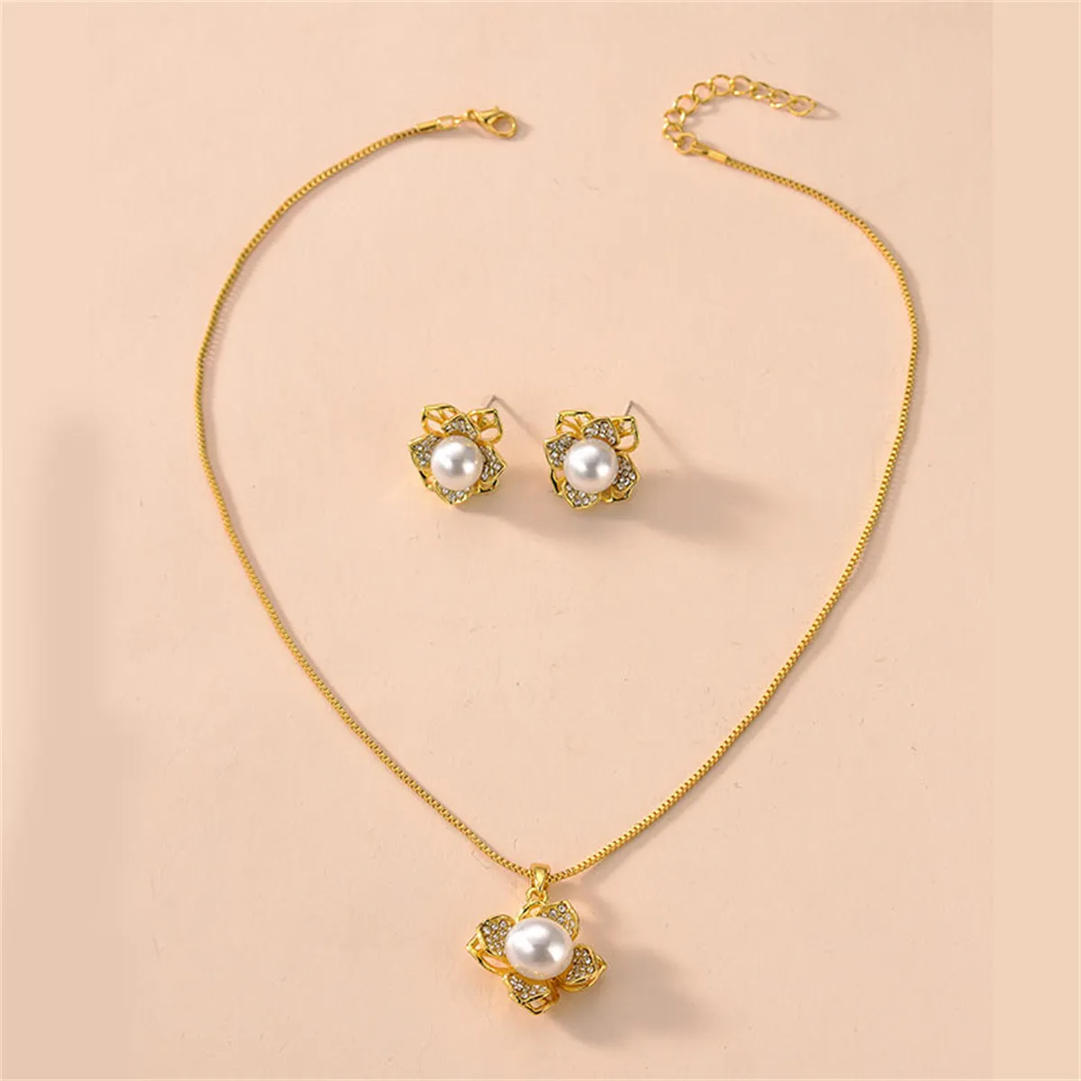 Pearl & Cubic Zirconia 18K Gold-Plated Flower Pendant Necklace & Earrings