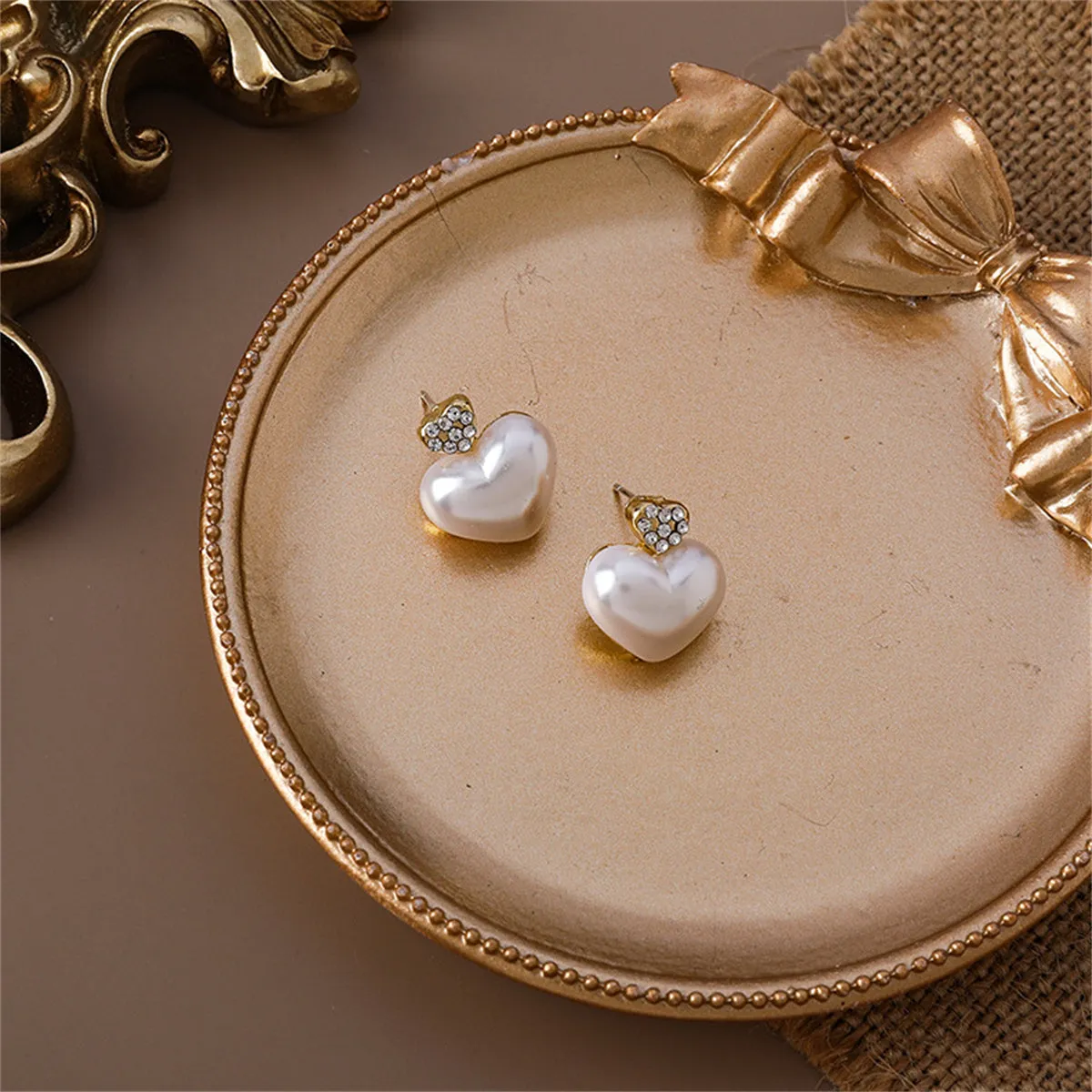 Pearl & Cubic Zirconia Heart Stud Earrings
