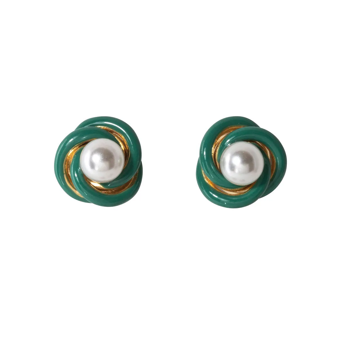 Pearl & Enamel 14K Yellow Gold Love Knot Stud Earrings