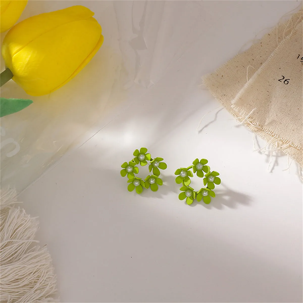 Pearl & Green Enamel Floral Garland Stud Earrings