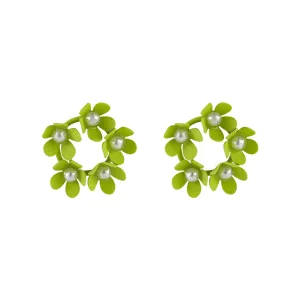 Pearl & Green Enamel Floral Garland Stud Earrings