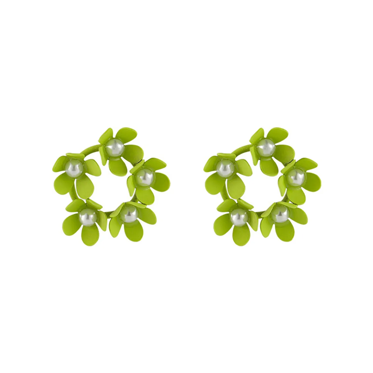 Pearl & Green Enamel Floral Garland Stud Earrings