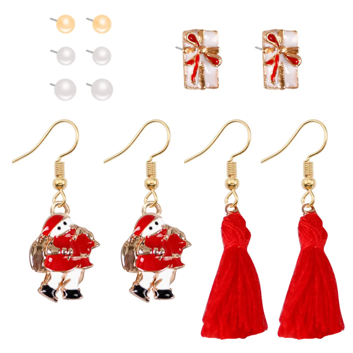 Pearl & Red Gift Box Santa Tassel Stud & Drop Earrings Set