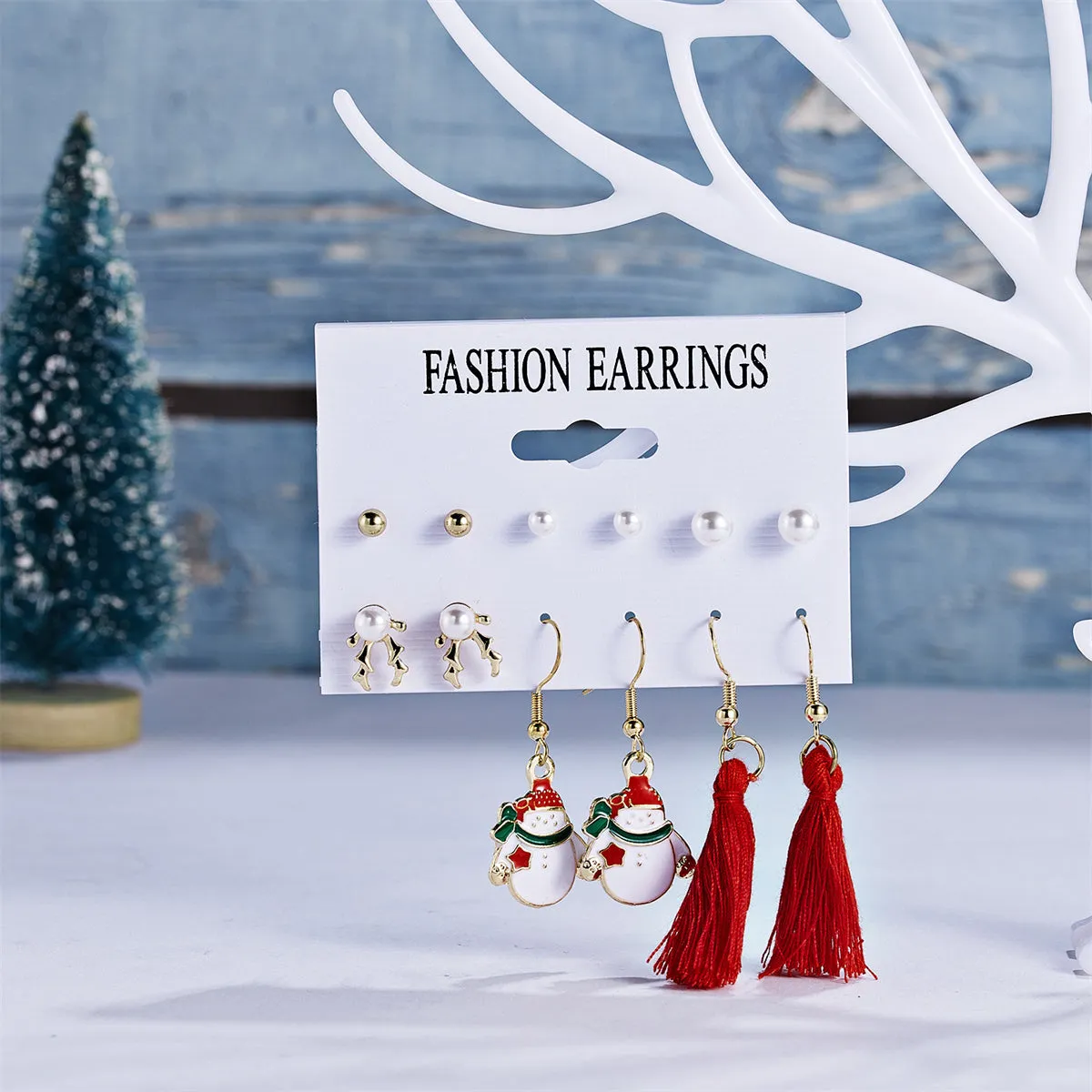 Pearl & Red Reindeer Snowman Tassel Stud & Drop Earrings Set