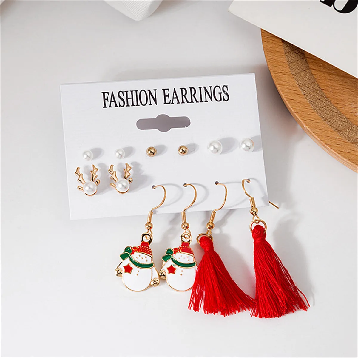 Pearl & Red Reindeer Snowman Tassel Stud & Drop Earrings Set