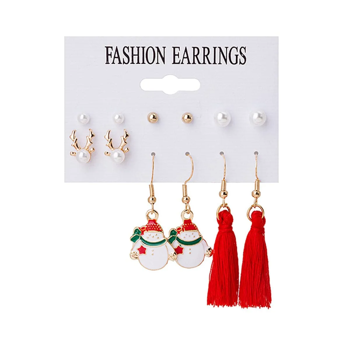 Pearl & Red Reindeer Snowman Tassel Stud & Drop Earrings Set