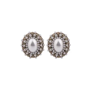 Pearl & Silver-Plated Oval Stud Earrings
