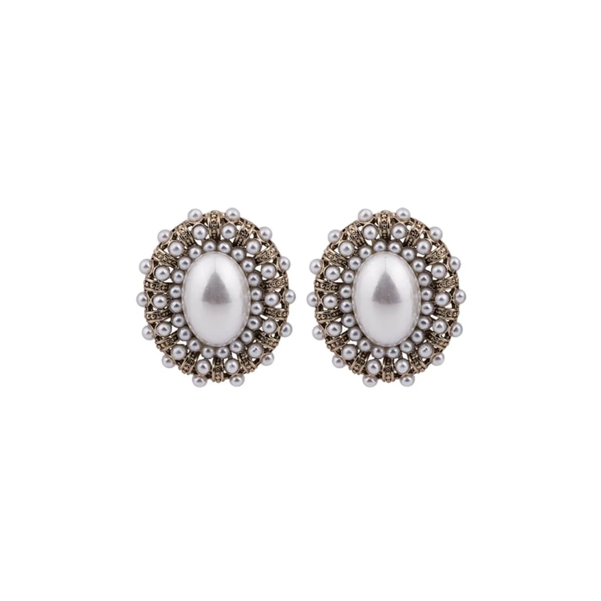 Pearl & Silver-Plated Oval Stud Earrings