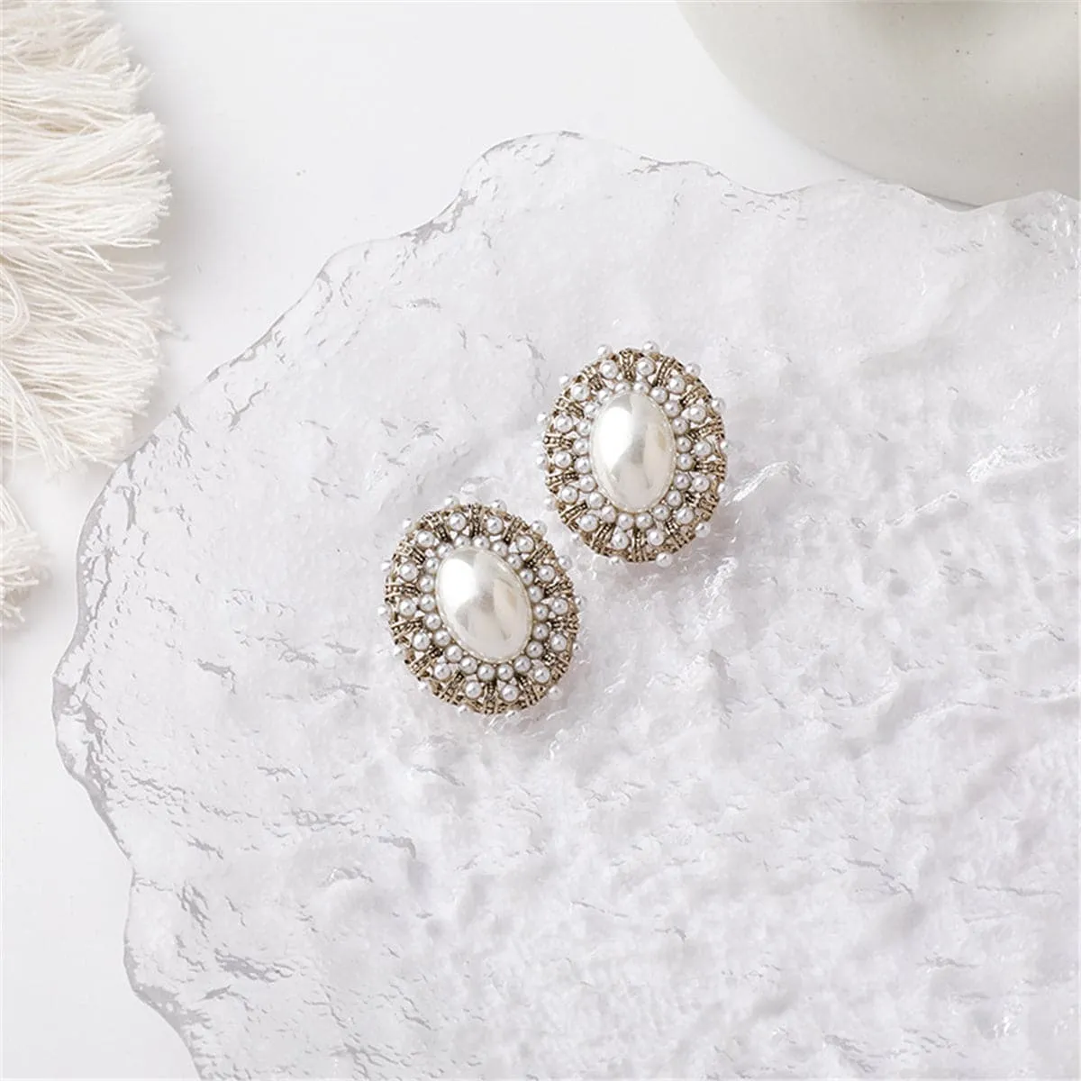 Pearl & Silver-Plated Oval Stud Earrings