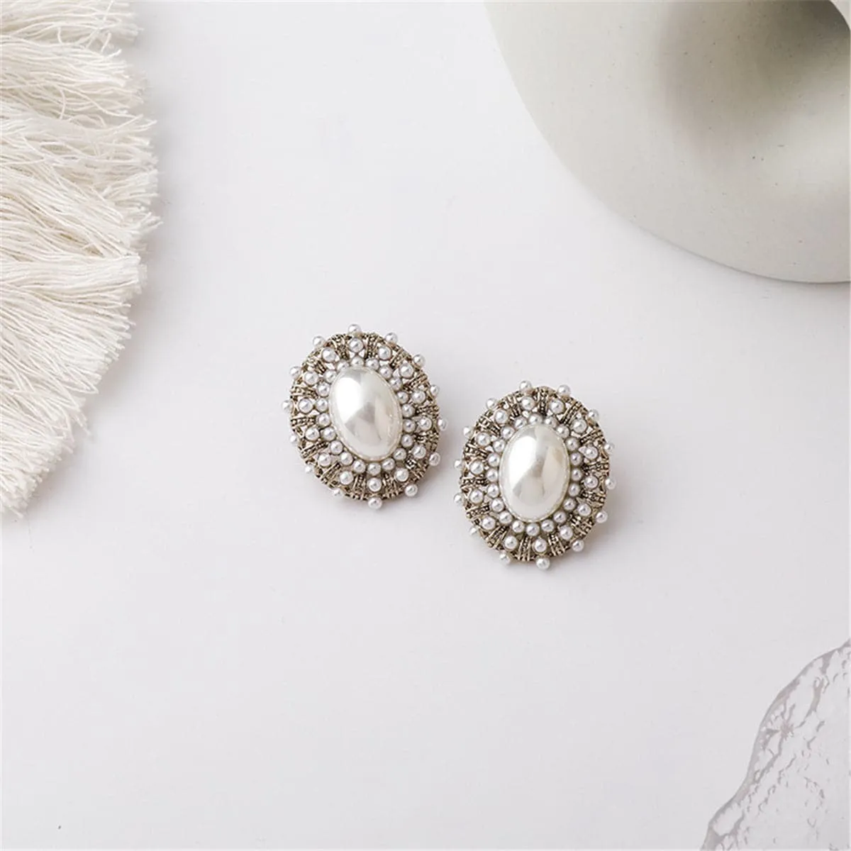 Pearl & Silver-Plated Oval Stud Earrings