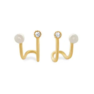 Pearl and Cubic Zirconia Cuff Stud Earrings in 9ct Yellow Gold