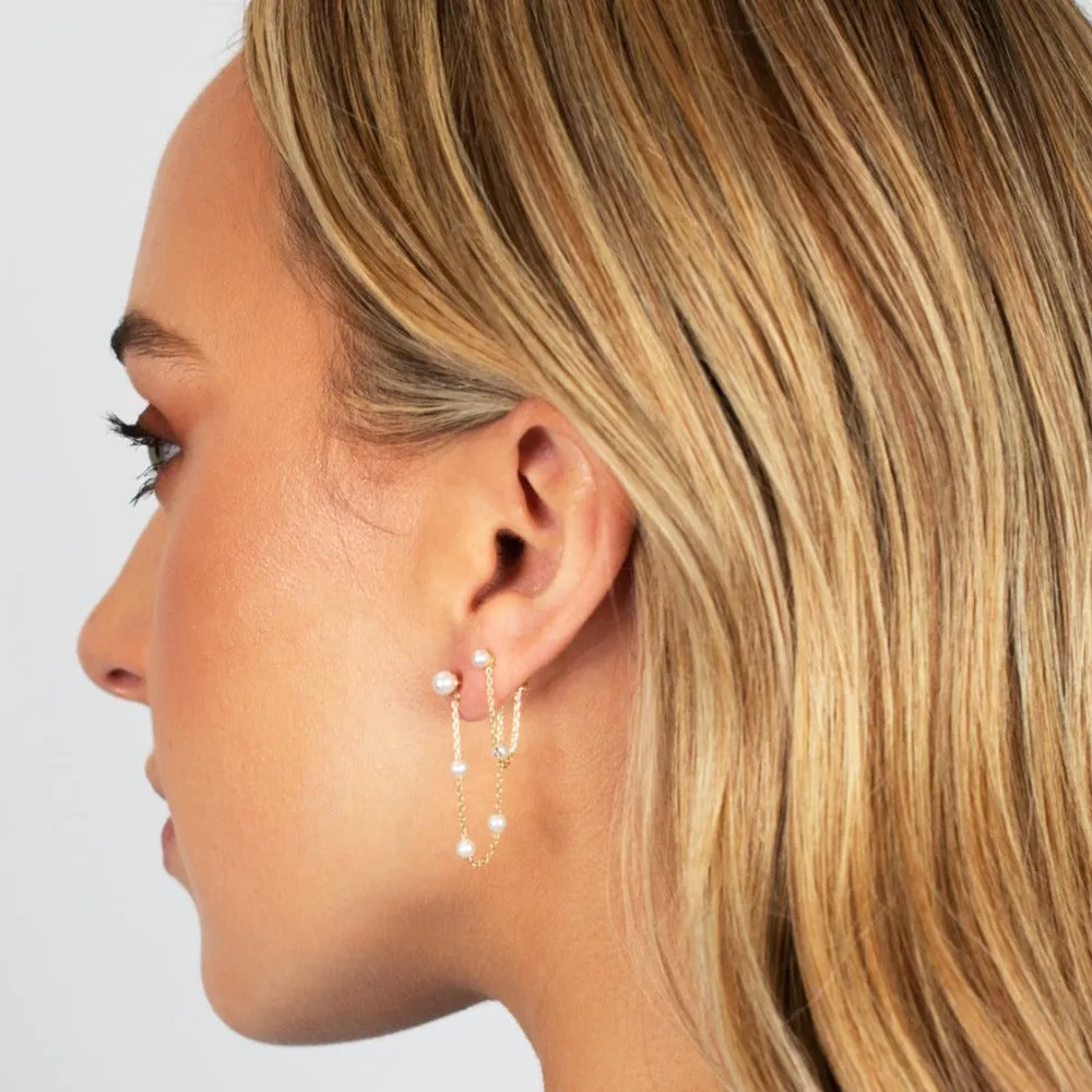 Pearl Chain Front Back Stud Earring 14K