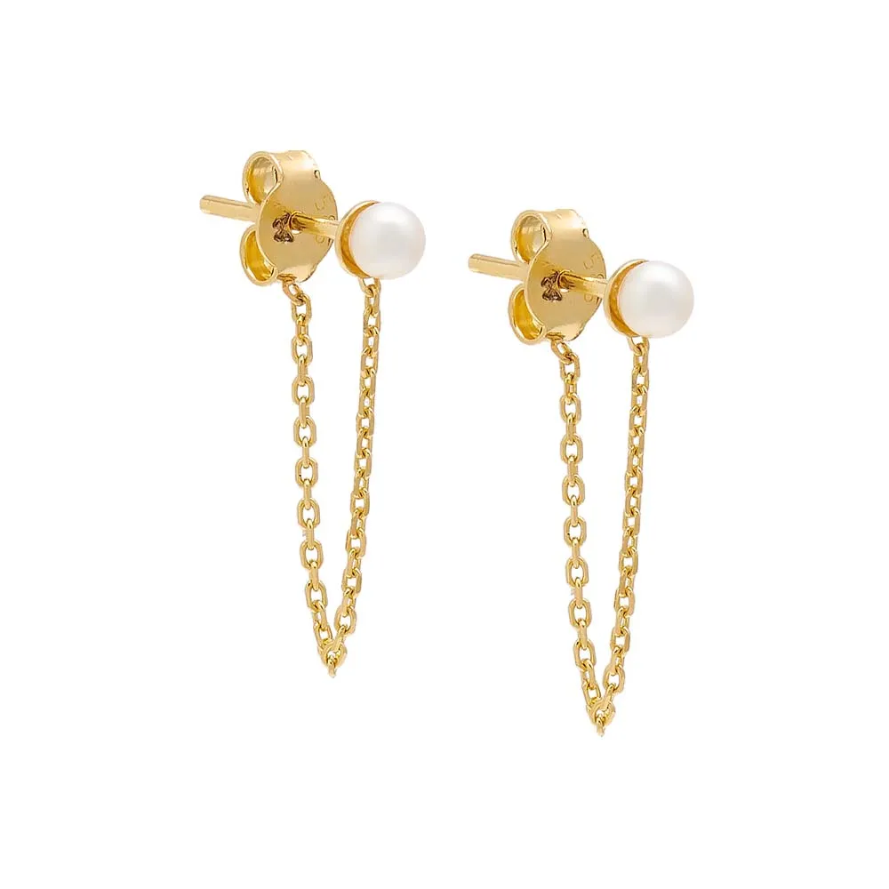 Pearl Chain Front Back Stud Earring 14K